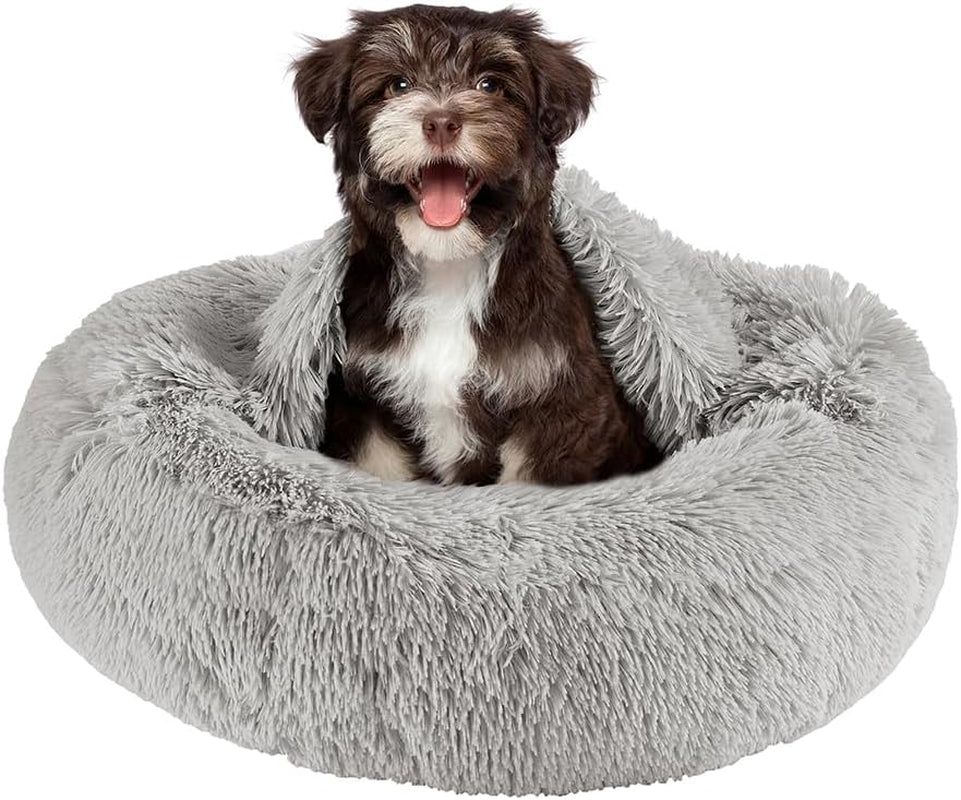 Donut Dog Bed Faux Fur Fluffy Calming Sofa for Small Dogs, Soft & Plush anti Anxiety Pet Couch for Dogs, Machine Washable Coco Pet Bed with Non-Slip Bottom, 23"X23"X6" Grey