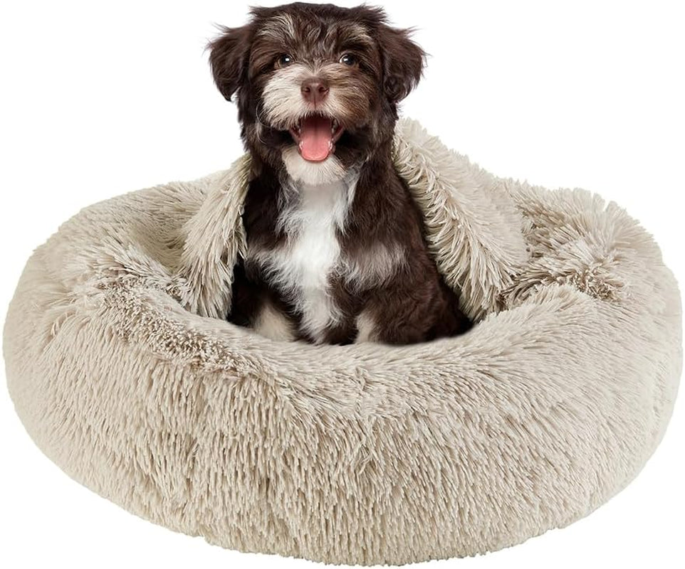 Donut Dog Bed Faux Fur Fluffy Calming Sofa for Small Dogs, Soft & Plush anti Anxiety Pet Couch for Dogs, Machine Washable Coco Pet Bed with Non-Slip Bottom, 23"X23"X6" Grey