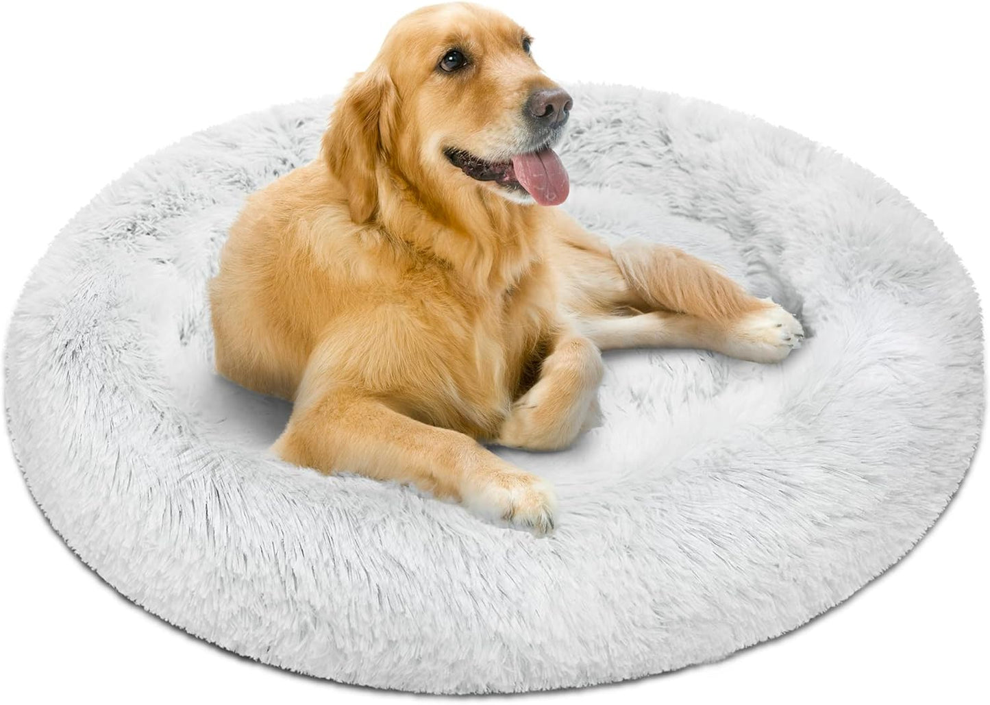 Donut Dog Bed Faux Fur Fluffy Calming Sofa for Small Dogs, Soft & Plush anti Anxiety Pet Couch for Dogs, Machine Washable Coco Pet Bed with Non-Slip Bottom, 23"X23"X6" Grey