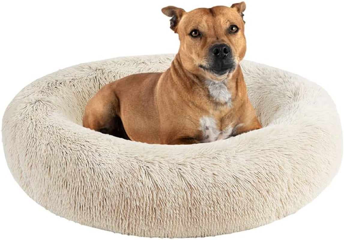 Donut Dog Bed Faux Fur Fluffy Calming Sofa for Small Dogs, Soft & Plush anti Anxiety Pet Couch for Dogs, Machine Washable Coco Pet Bed with Non-Slip Bottom, 23"X23"X6" Grey