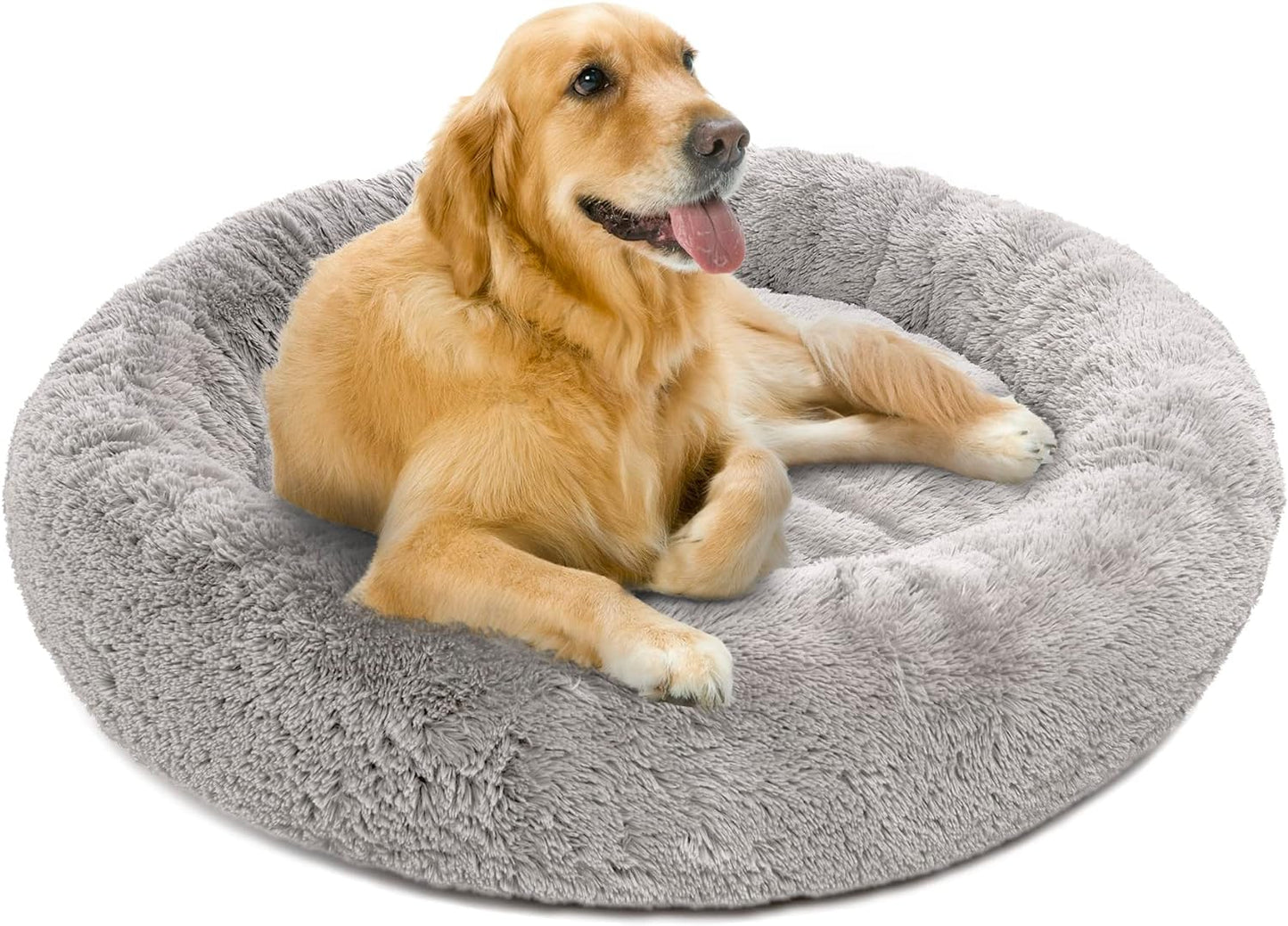 Donut Dog Bed Faux Fur Fluffy Calming Sofa for Small Dogs, Soft & Plush anti Anxiety Pet Couch for Dogs, Machine Washable Coco Pet Bed with Non-Slip Bottom, 23"X23"X6" Grey