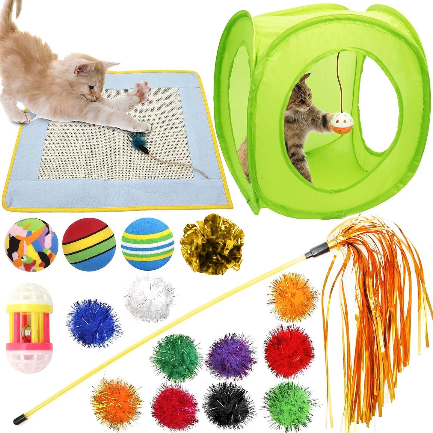 18-Piece Cat Toy Assortment - Interactive Teaser Wand, Bell Toys, Sparkle Balls & Hide and Seek Fun for Kittens and Puppies!