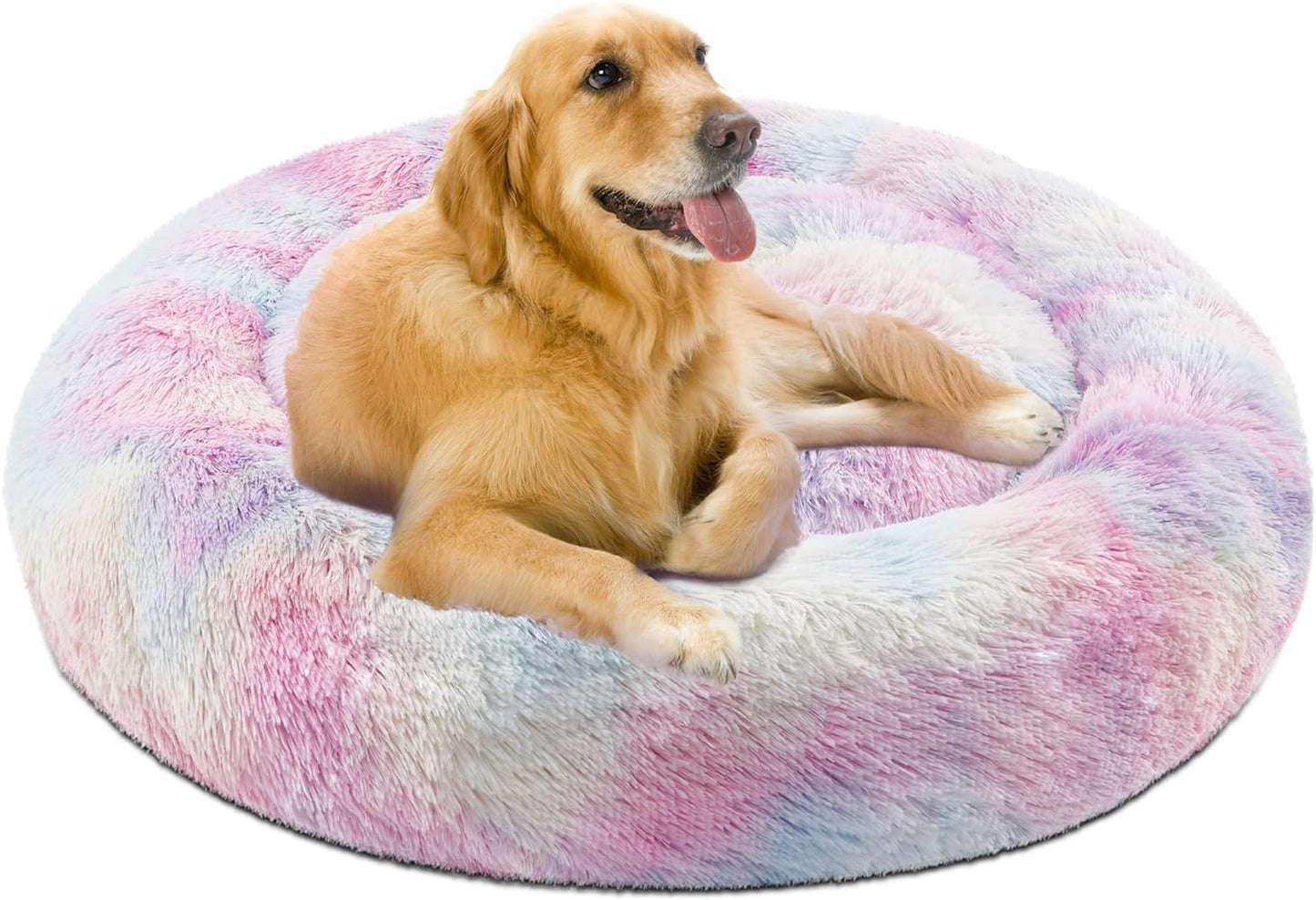 Donut Dog Bed Faux Fur Fluffy Calming Sofa for Small Dogs, Soft & Plush anti Anxiety Pet Couch for Dogs, Machine Washable Coco Pet Bed with Non-Slip Bottom, 23"X23"X6" Grey