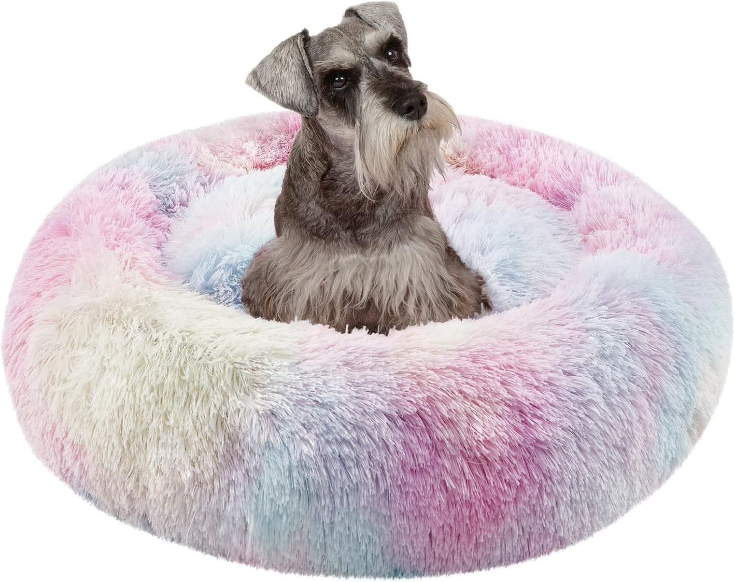 Donut Dog Bed Faux Fur Fluffy Calming Sofa for Small Dogs, Soft & Plush anti Anxiety Pet Couch for Dogs, Machine Washable Coco Pet Bed with Non-Slip Bottom, 23"X23"X6" Grey
