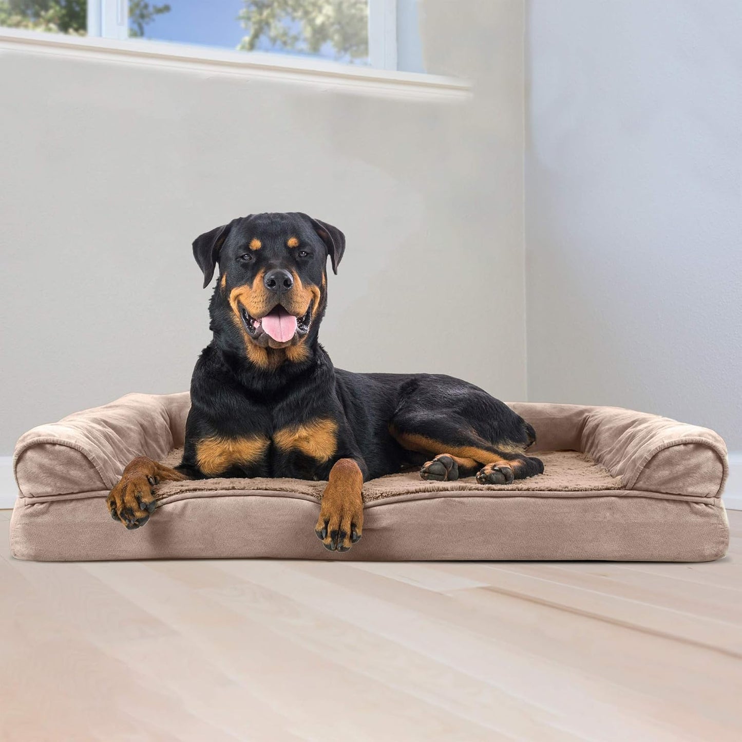 Orthopedic Dog Bed for Large Dogs W/ Removable Bolsters & Washable Cover, for Dogs up to 95 Lbs - Plush & Suede Sofa - Almondine, Jumbo/Xl