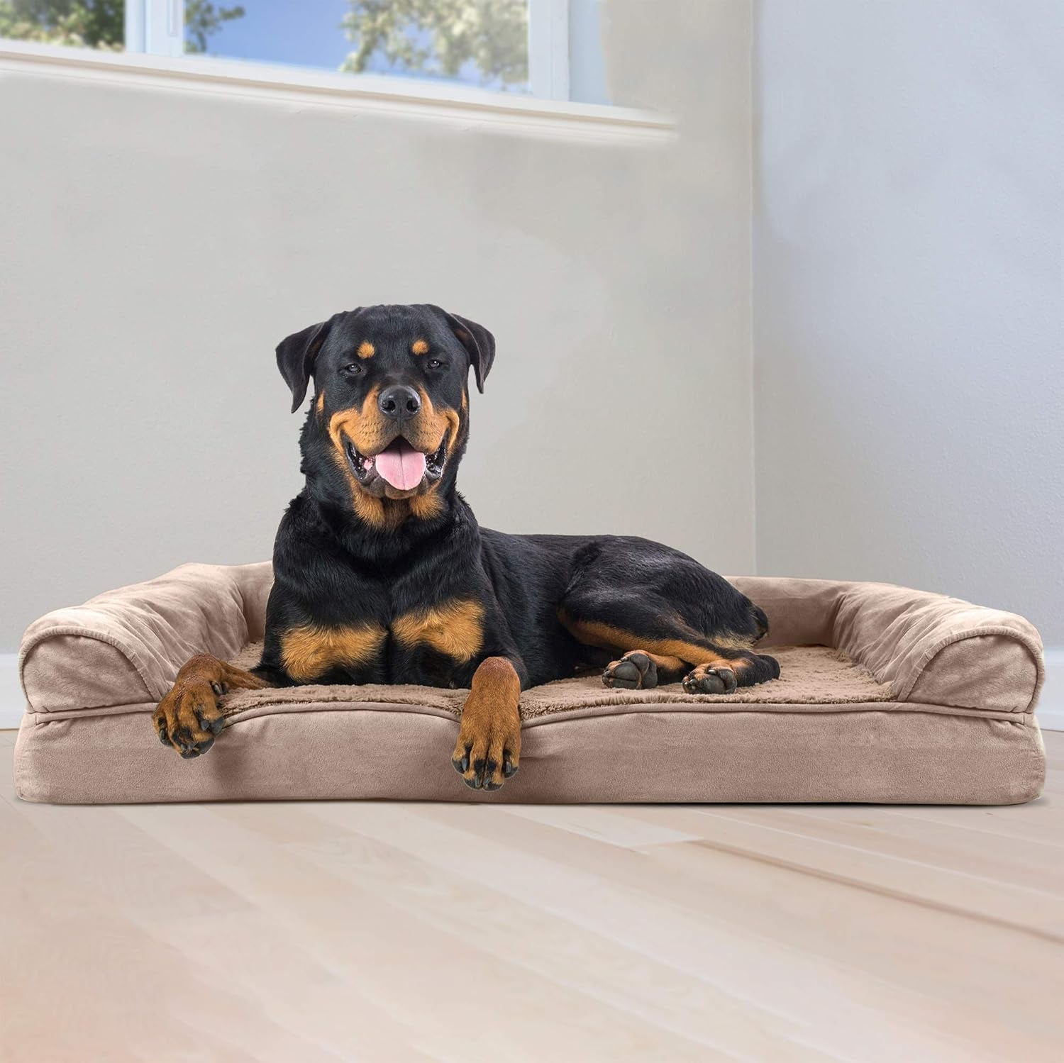 Orthopedic Dog Bed for Large Dogs W/ Removable Bolsters & Washable Cover, for Dogs up to 95 Lbs - Plush & Suede Sofa - Almondine, Jumbo/Xl
