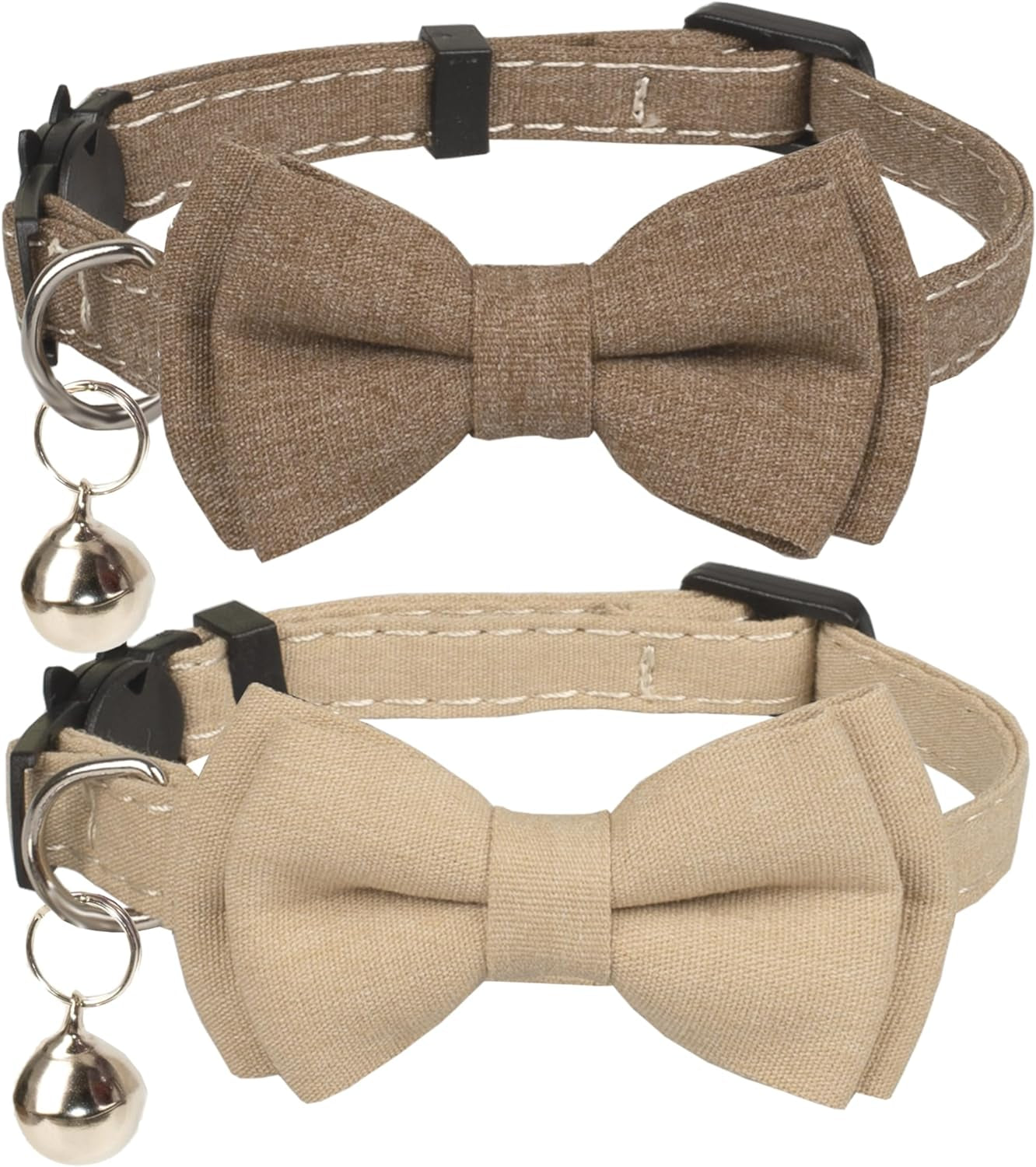 Cat Collar Breakaway Bowtie Safety with Bell Adjustbale Kitten Puppy Solid Plaid Color Set D-[2Pcs] Pink-2
