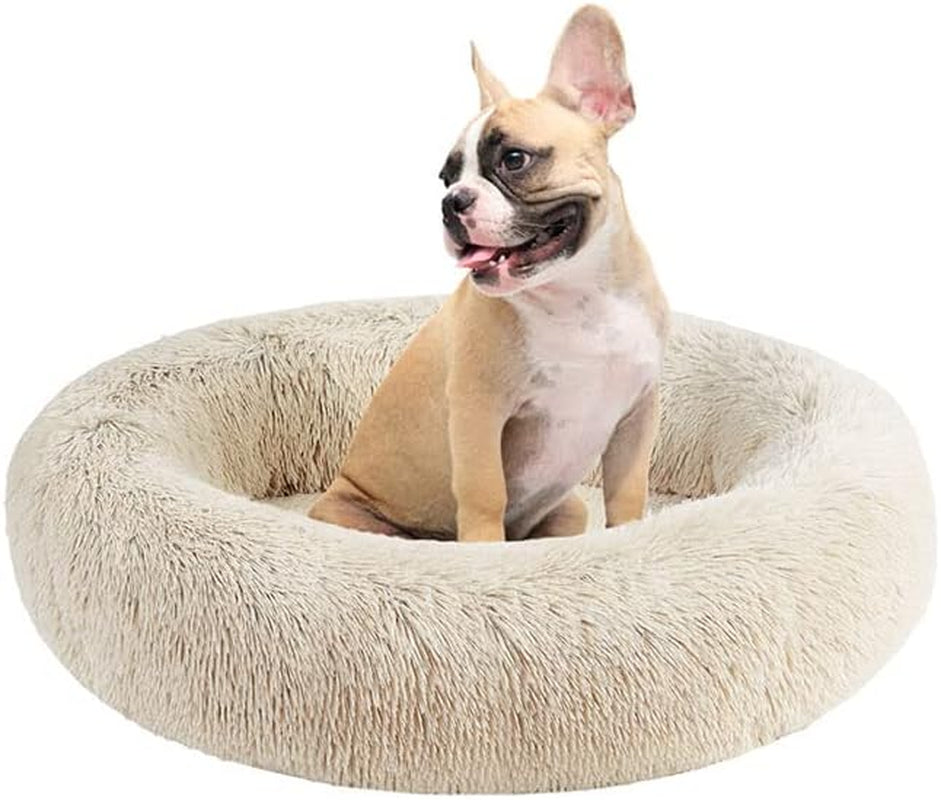 Donut Dog Bed Faux Fur Fluffy Calming Sofa for Small Dogs, Soft & Plush anti Anxiety Pet Couch for Dogs, Machine Washable Coco Pet Bed with Non-Slip Bottom, 23"X23"X6" Grey