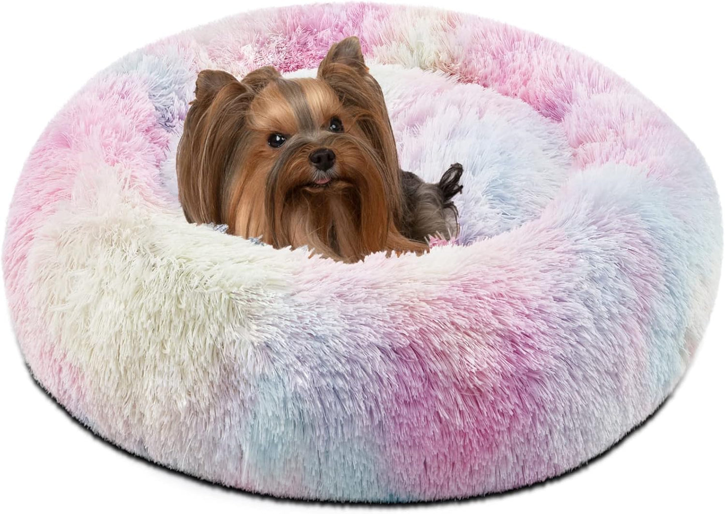 Donut Dog Bed Faux Fur Fluffy Calming Sofa for Small Dogs, Soft & Plush anti Anxiety Pet Couch for Dogs, Machine Washable Coco Pet Bed with Non-Slip Bottom, 23"X23"X6" Grey