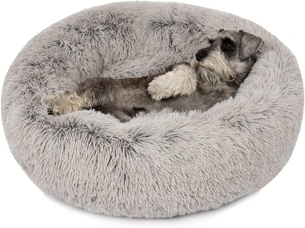 Donut Dog Bed Faux Fur Fluffy Calming Sofa for Small Dogs, Soft & Plush anti Anxiety Pet Couch for Dogs, Machine Washable Coco Pet Bed with Non-Slip Bottom, 23"X23"X6" Grey