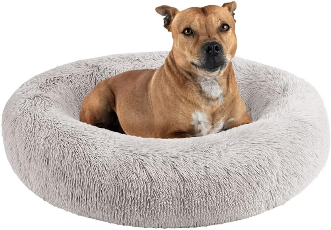 Donut Dog Bed Faux Fur Fluffy Calming Sofa for Small Dogs, Soft & Plush anti Anxiety Pet Couch for Dogs, Machine Washable Coco Pet Bed with Non-Slip Bottom, 23"X23"X6" Grey