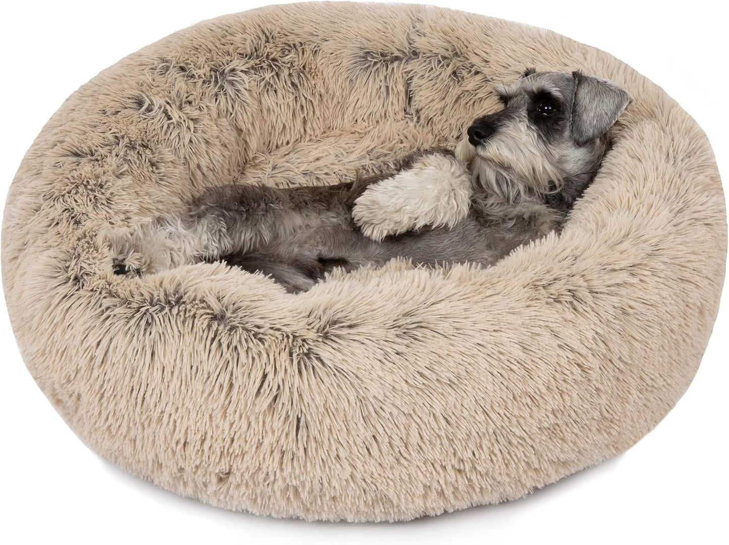 Donut Dog Bed Faux Fur Fluffy Calming Sofa for Small Dogs, Soft & Plush anti Anxiety Pet Couch for Dogs, Machine Washable Coco Pet Bed with Non-Slip Bottom, 23"X23"X6" Grey