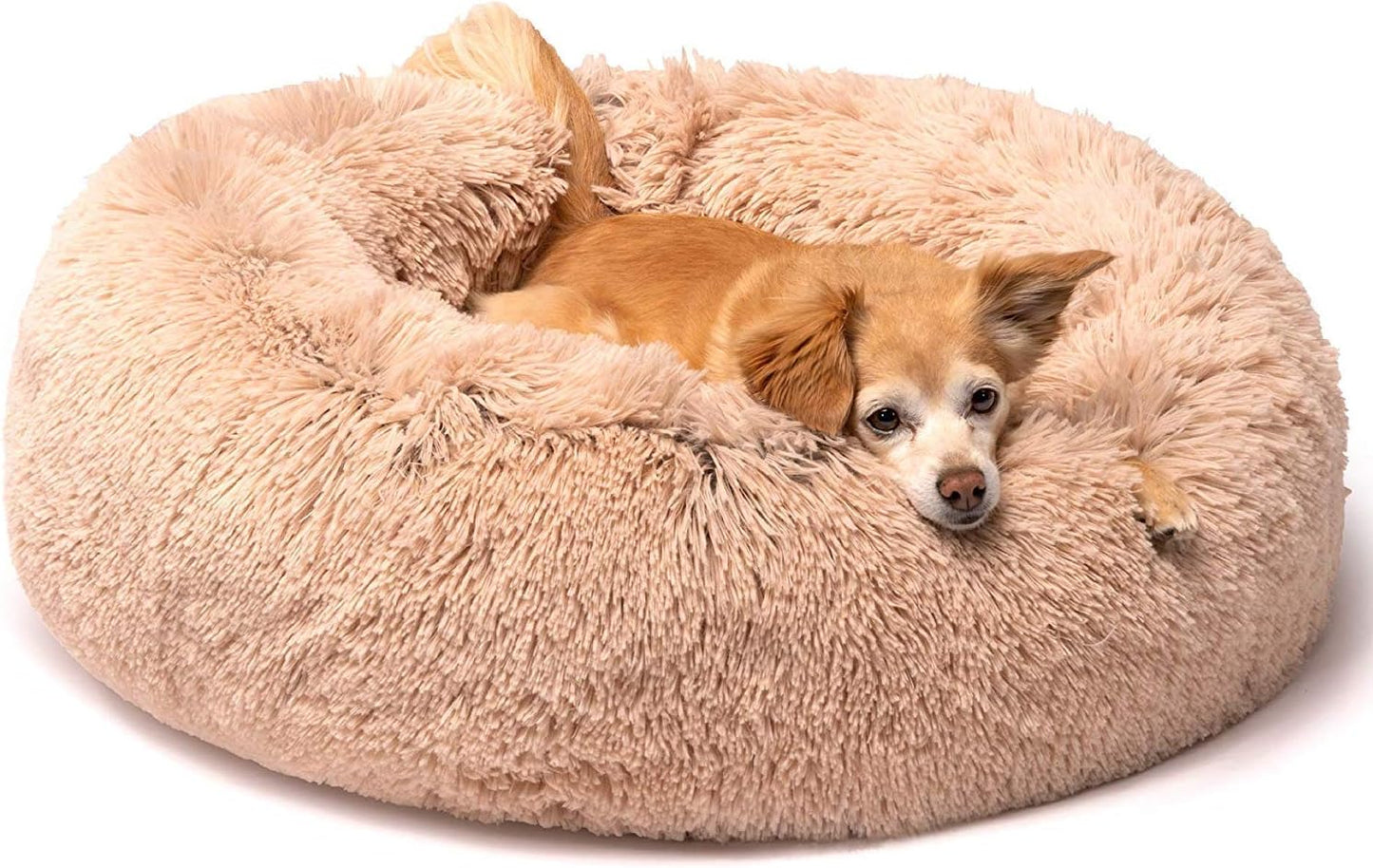 Donut Dog Bed Faux Fur Fluffy Calming Sofa for Small Dogs, Soft & Plush anti Anxiety Pet Couch for Dogs, Machine Washable Coco Pet Bed with Non-Slip Bottom, 23"X23"X6" Grey