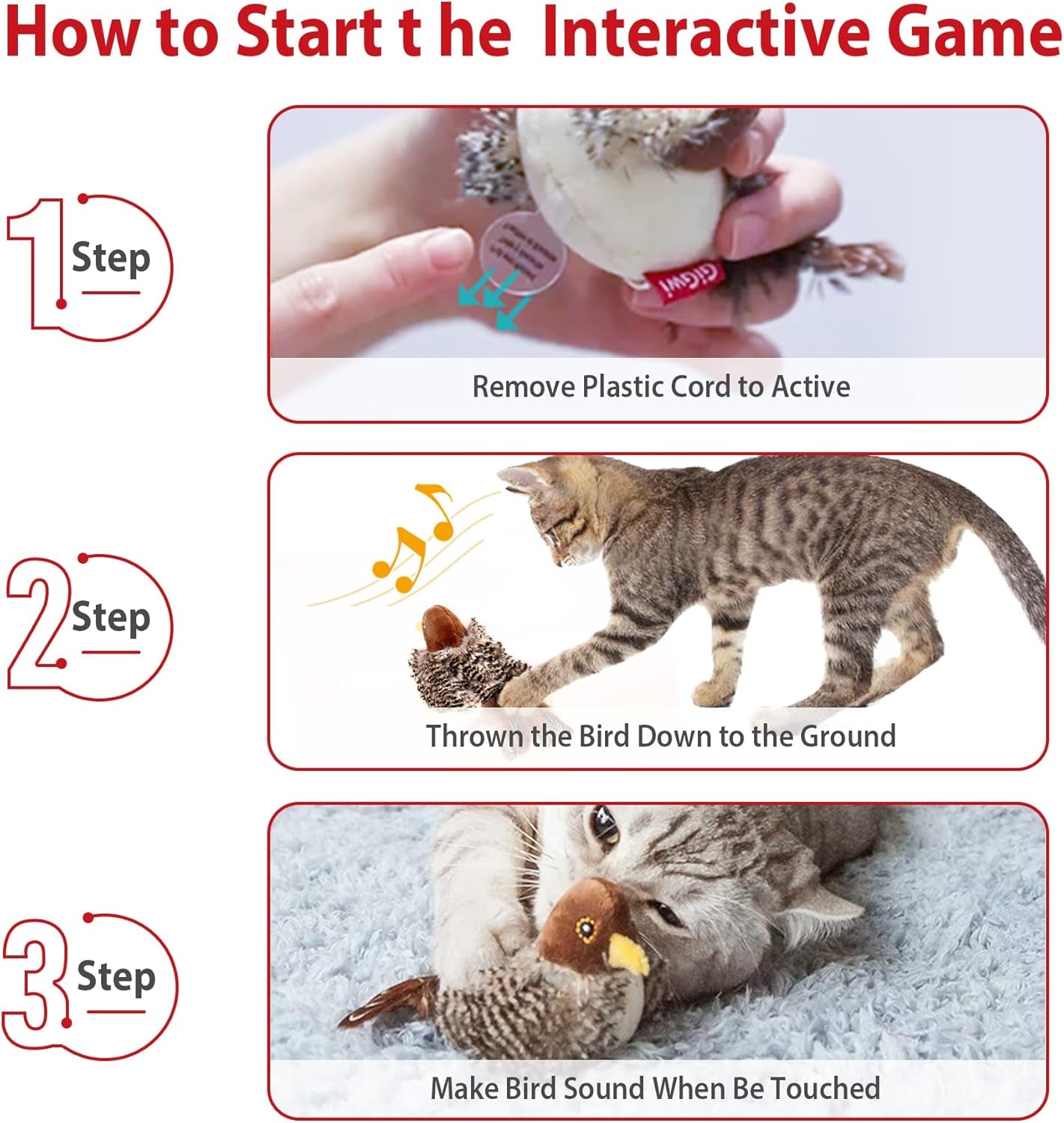Chirping Bird Cat Toy Set - Interactive Motion-Activated Feather Toys for Indoor Cats, Perfect for Kittens and All Breeds!