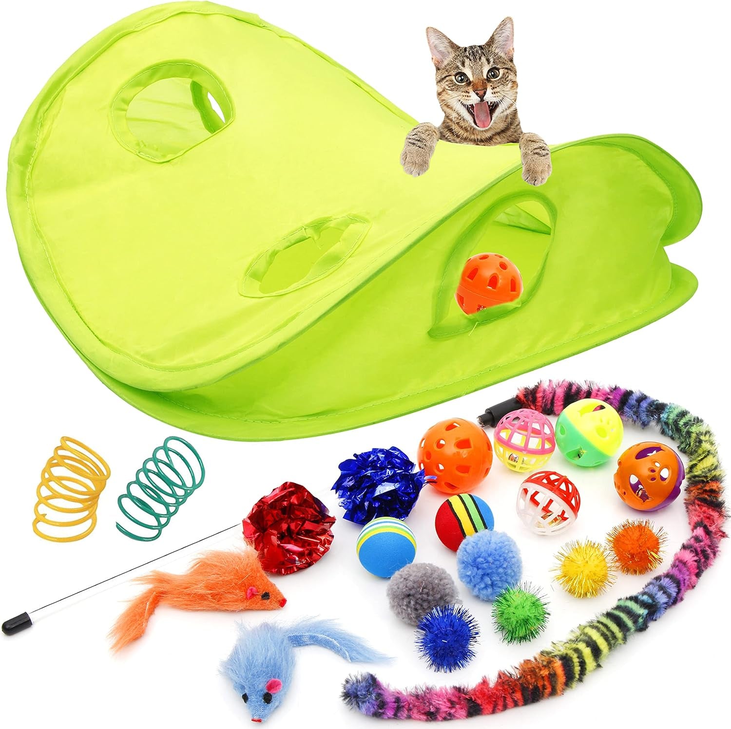 18-Piece Cat Toy Assortment - Interactive Teaser Wand, Bell Toys, Sparkle Balls & Hide and Seek Fun for Kittens and Puppies!