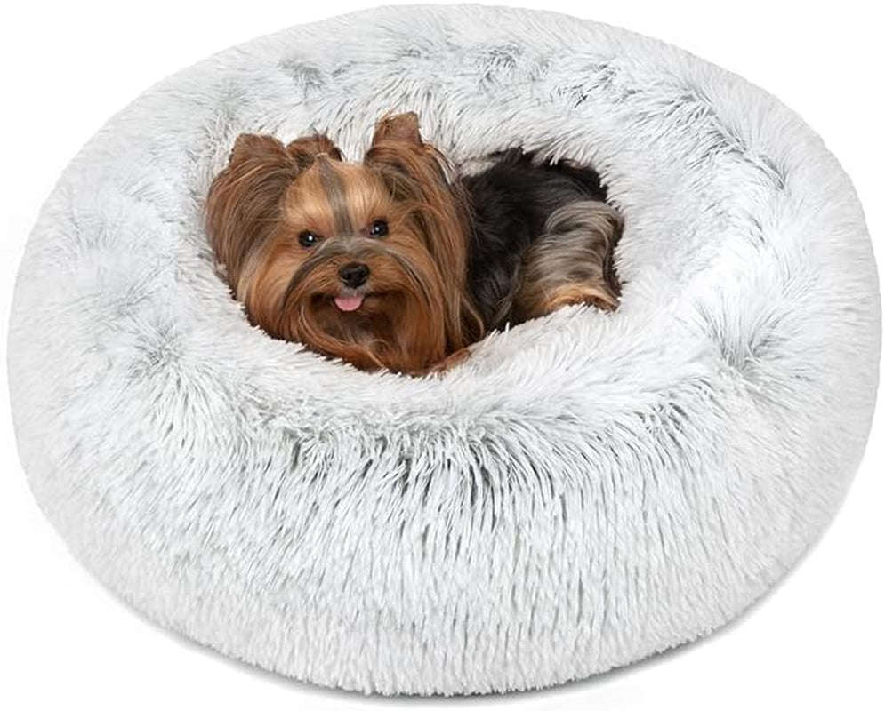 Donut Dog Bed Faux Fur Fluffy Calming Sofa for Small Dogs, Soft & Plush anti Anxiety Pet Couch for Dogs, Machine Washable Coco Pet Bed with Non-Slip Bottom, 23"X23"X6" Grey