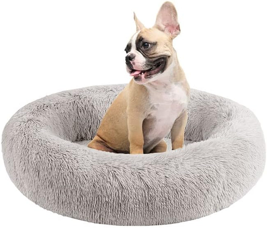 Donut Dog Bed Faux Fur Fluffy Calming Sofa for Small Dogs, Soft & Plush anti Anxiety Pet Couch for Dogs, Machine Washable Coco Pet Bed with Non-Slip Bottom, 23"X23"X6" Grey