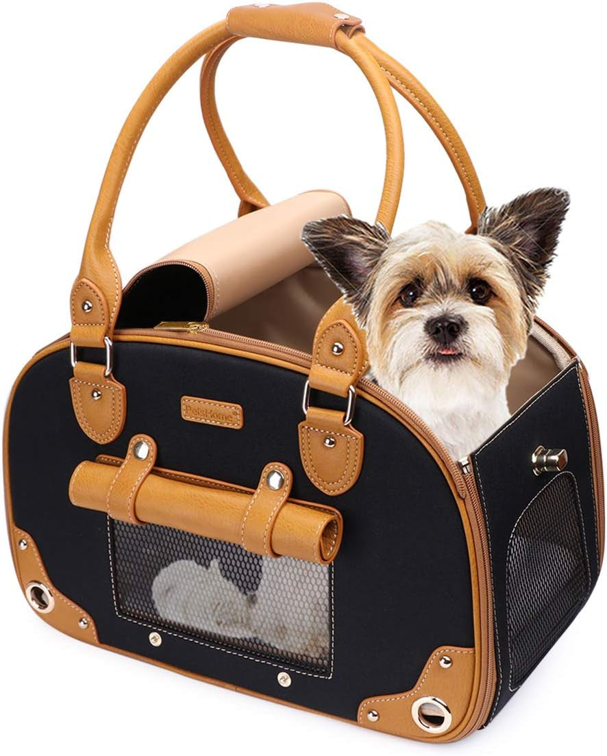 Dog Carrier, Pet Carrier, Dog Purse, Foldable Waterproof Premium PU Leather Pet Travel Portable Bag Carrier for Cat and Small Dog Home & Outdoor Small Black