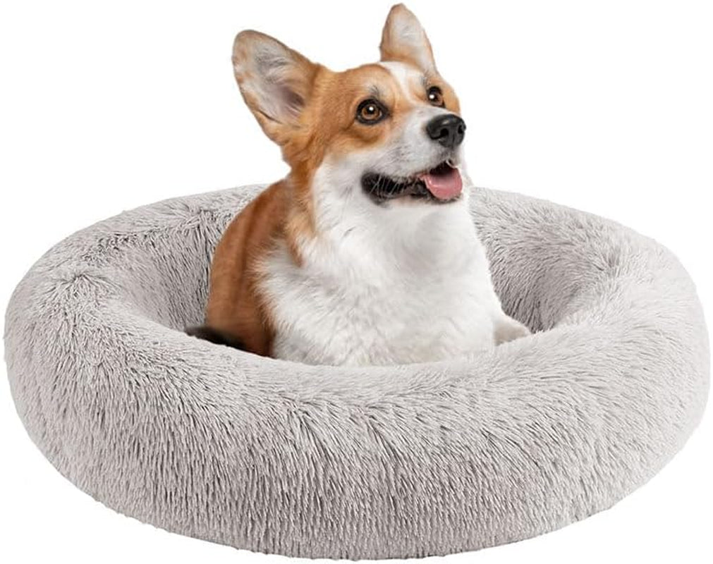 Donut Dog Bed Faux Fur Fluffy Calming Sofa for Small Dogs, Soft & Plush anti Anxiety Pet Couch for Dogs, Machine Washable Coco Pet Bed with Non-Slip Bottom, 23"X23"X6" Grey